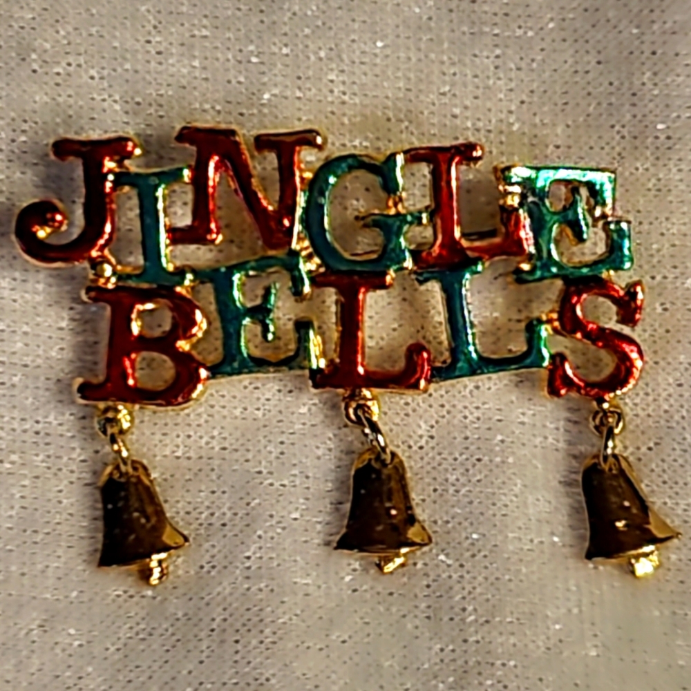 Holiday Christmas Red & Green Enamel Gold Tone Jingle Bells Brooch